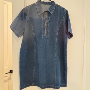 Denim Zip-Front Short Sleeve Dress - Blue